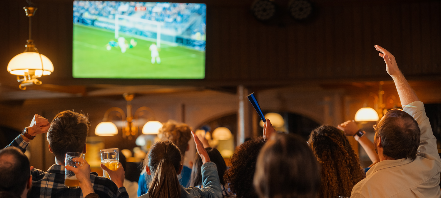 Sports fans celebrating while watching a soccer match at a sports bar on game day
