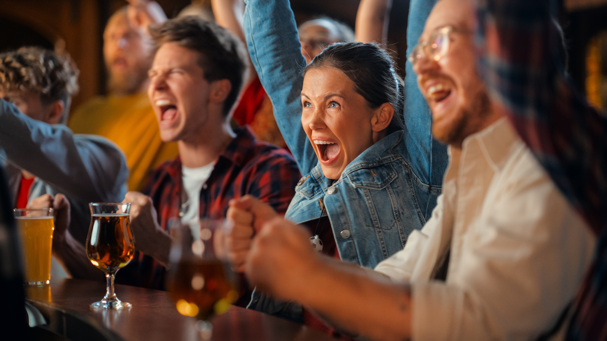 Sports fans celebrate the action while watching a game at a local sports bar and restaurant