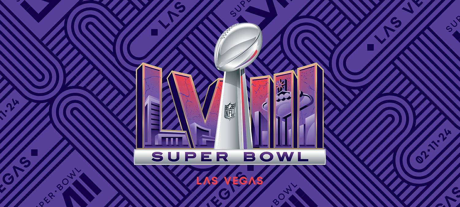 2024 NFL Superbowl LVIII in Las Vegas official logo against a purple background.