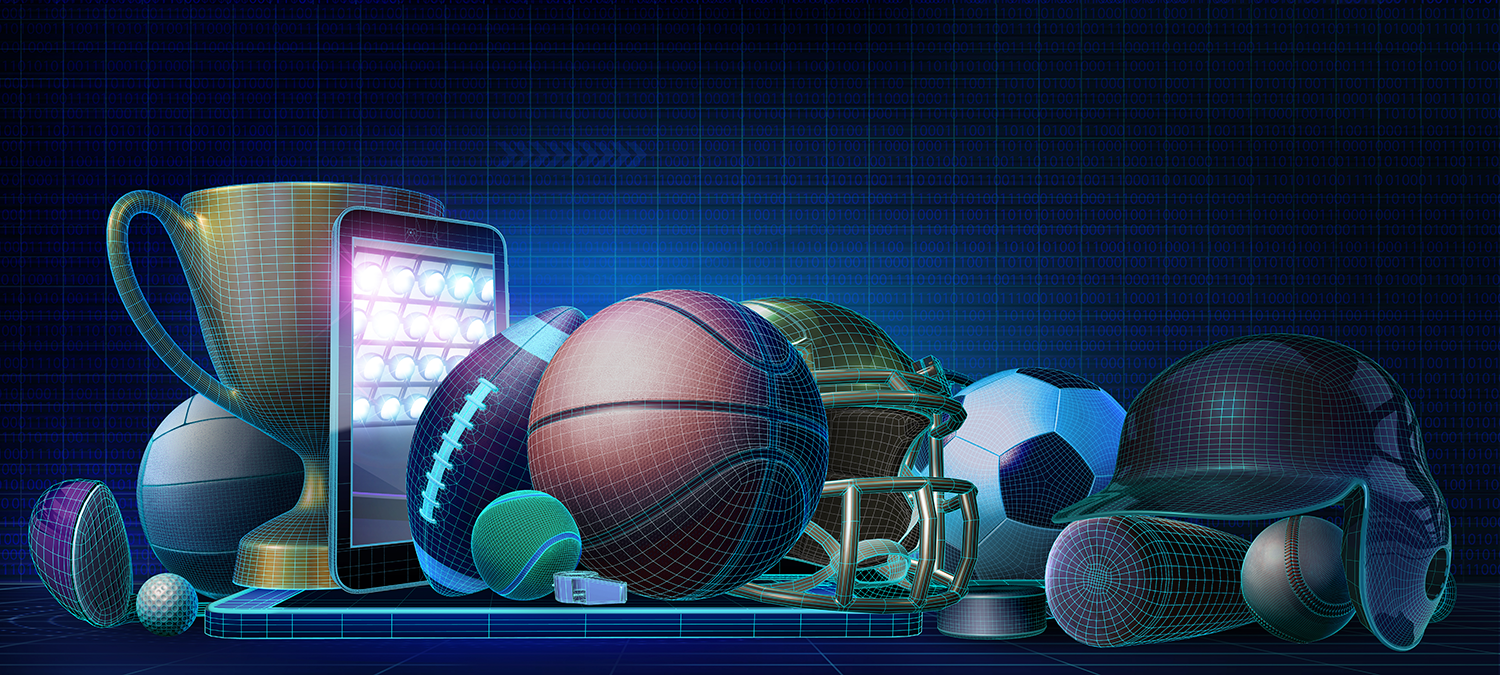 Collection of sporting equipment and balls and trophies, outlined in a digital grid display against a blue digital background