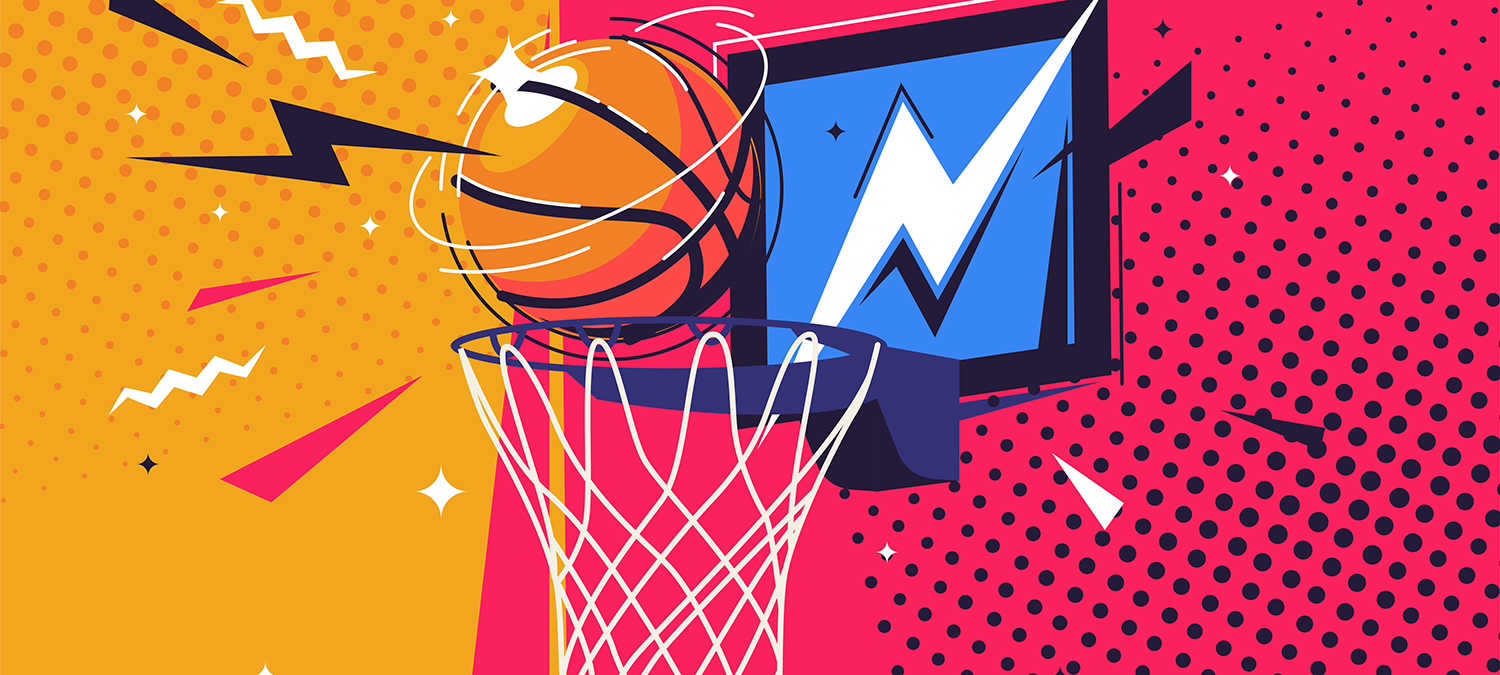 illustration of a basketball flying into the ring, in the style of pop art